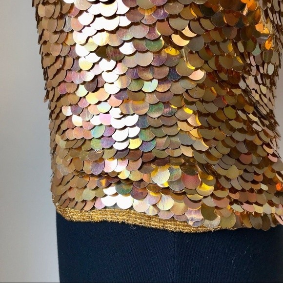 Gold Sequin Tank Top Silk Beaded Spaghetti Strap Mermaid Scales Glam CHAUDRY - Picture 5 of 9